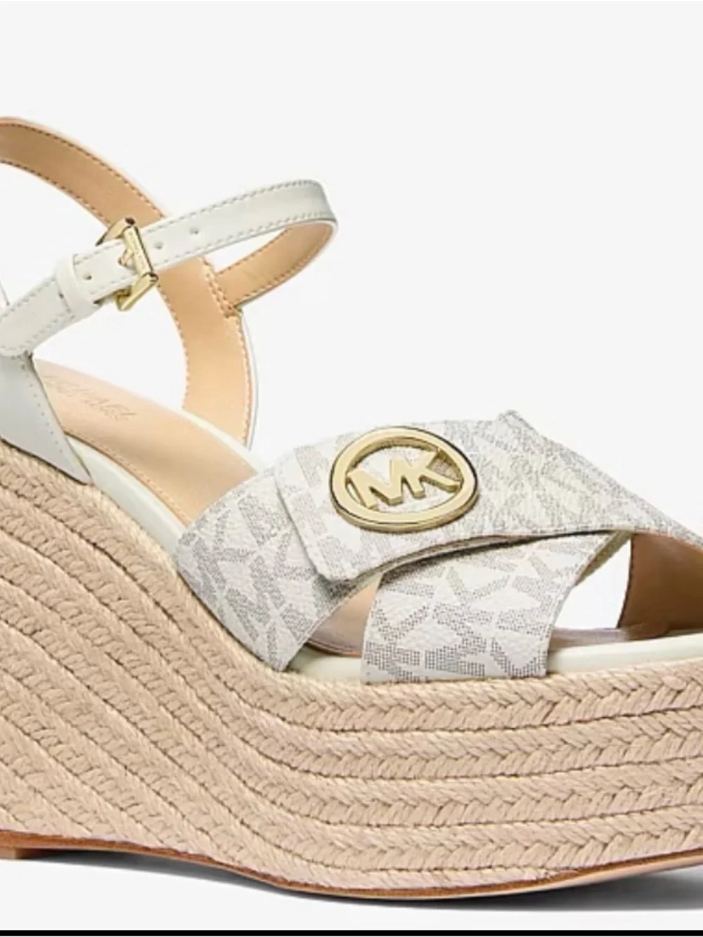 NEW Michael Kors White/Beige Hannah Signature Logo Wedge Sandal